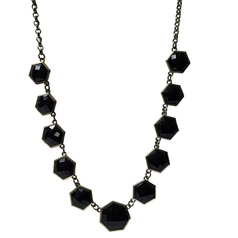 Vintage Elegant Black Hexagon Necklace Gold Tone Chain Evening Fashion Jewelry